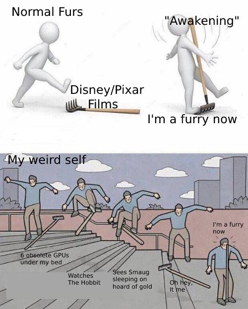 Skateboard rake meme describing how I became a furry unintentionally, which is unusual according to the "usual" story in the furry fandom
