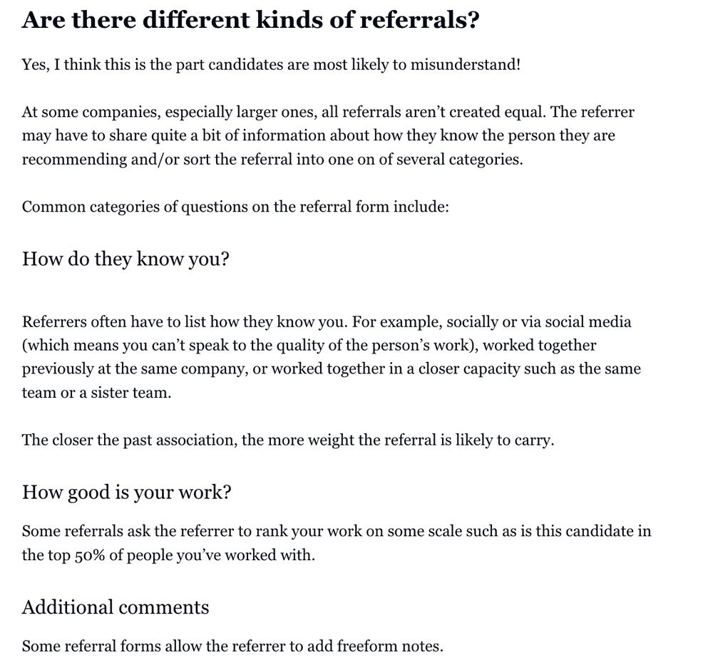 Explanation of the different kind of referrals and the questions your referrer will have to answer about you