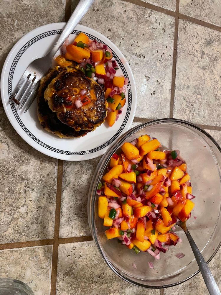 crab cakes and peach salsa