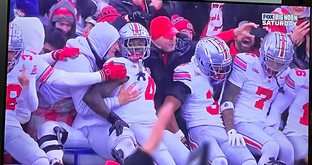 Ohio State football players joining their fans in the stands of The Big House after the win over ❌ichigan.