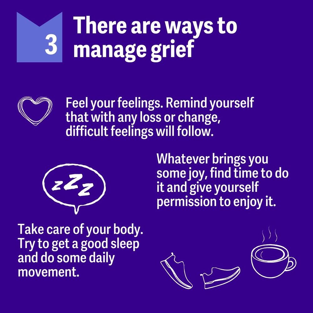 Point 3 There are ways to manage grieg

Purple background
Heart, zz for sleep, shoes walking, cuppa sketches on the purple.

Feel your feelings. Remind yourself that with any liss or change, difficult feelings will follow.

Whatever brings you joy, fibd time to do it and give yourself permission to enjoy it.

Take care of your body. Try to get a good sleep and do some movement daily.