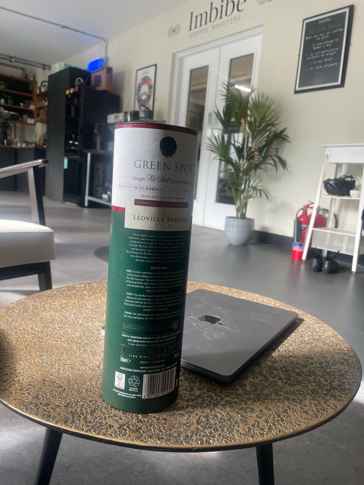 Bottle of Green Spot whiskey on a table