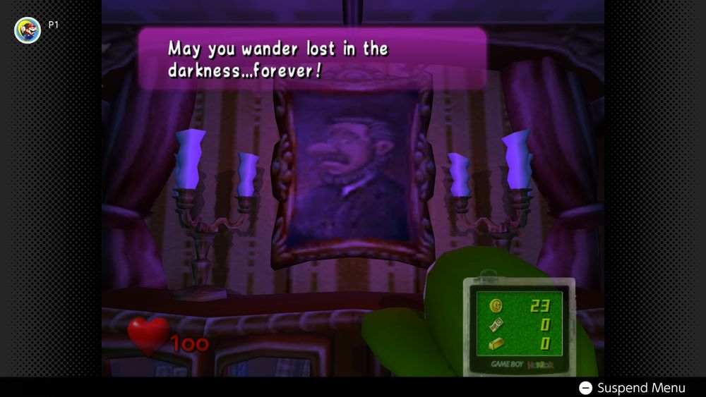A screenshot from Luigi's Mansion where a ghost in a painting says, "May you wander lost in the darkness...forever !"