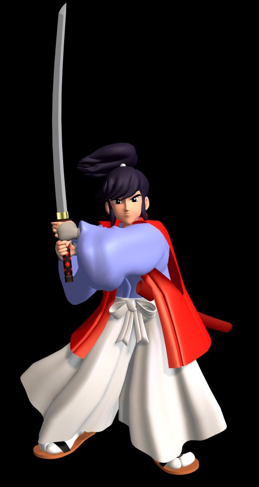 3D render of Takamaru from Mysterious Murasame Castle holding a sword.