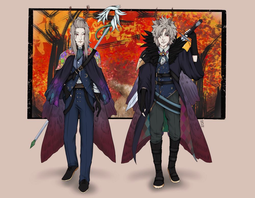 The image is art of my dungeon and dragons characters. They are both twin male moth fairies. Both have pale skin, grayish blonde hair and red eyes. Their wings are a gradient of pale purple to a dark red. 

Lark the one on the left has long hair part of the long hair is up in a bun. He is wearing dark blue dress pants and vest with a white button up shirt with the sleeves rolled up. He has black gloves. On top he has a half cloak with a peacock feather pattern and rainbow stained glass pauldrons.

Sable the one on the right has medium length messy hair. He has gray pants with black boots. Wearing a dark blue vest with a white button up underneath. Overtop he has a dark purple jacket with black feathers on the collar. On his right shoulder sits a black swan pauldron. And on his collar is a gold swan broach with rainbow stained glass wings. 