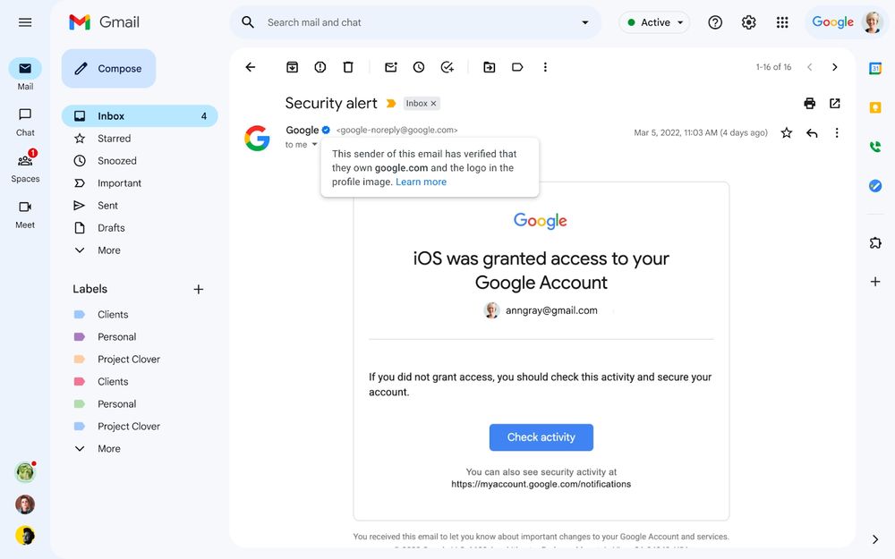 This is a desktop screenshot showing what an email from Google is supposed to look like - including the logo and blue checkmark.