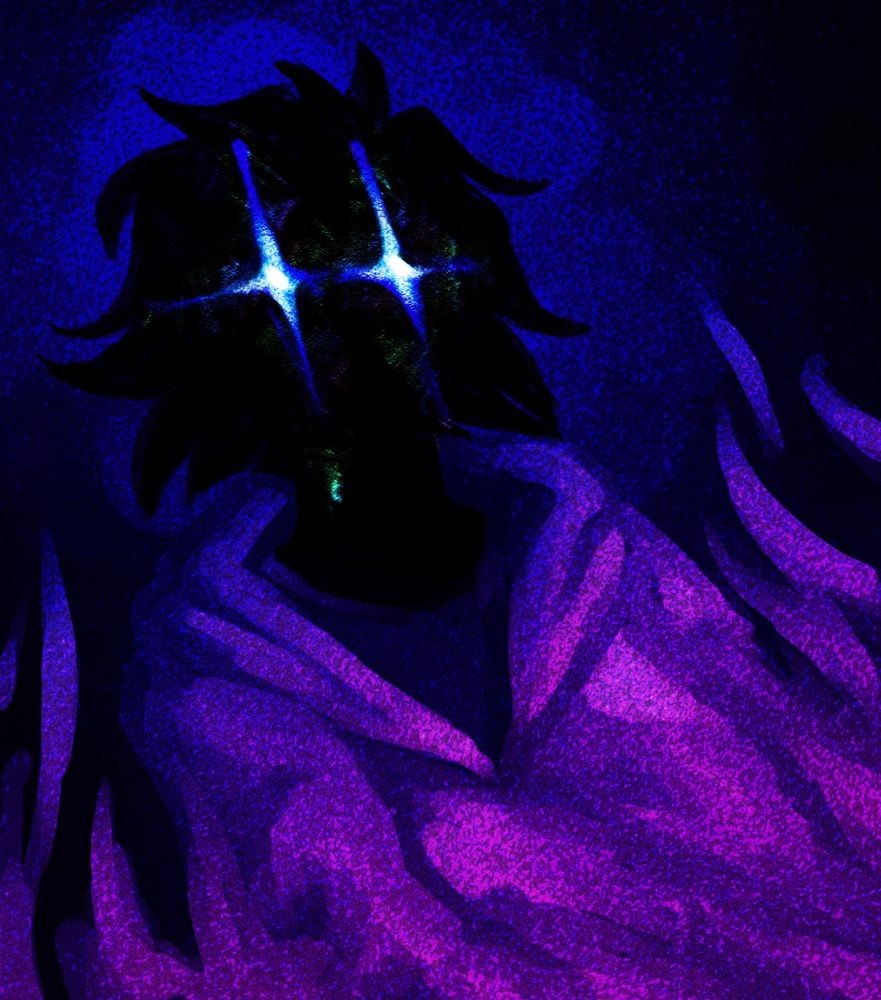a digital art piece. almost painterly in style, with smooth edges and colors blending into each other easily. the focus is of a person’s waist-up form, a hoodie made out as their only visible clothes. their face and hair are completely black, almost fading into the dark background behind them. their head is surrounded by a lightish blue halo, and wisps of pinkish-purple surround their torso. their eyes are bright flashes of light, a bit like four-tipped stars, with each tip extending off their face. one tip ends in a single bright mark, reminiscent of a tear-drop. the art piece is darkly colored and full of static, almost giving off a somber and melancholy emotion, almost like how it feels to forget an old memory.