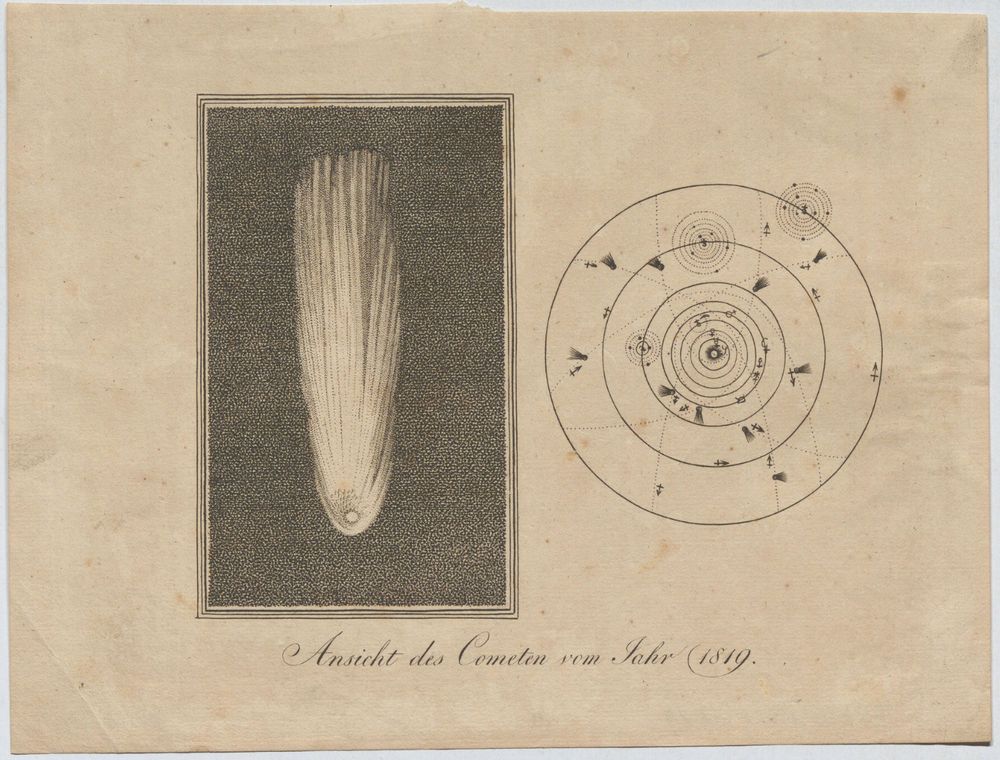 Comet C/1819 N1 in a contemprorary depiction, Unknown, Der im Sommer 1819 von der Erde mit bloßem Auge sichtbare Komet C/1819 N1 (Großer Komet, auch Komet Tralles genannt) , 1819, Wien Museum Inv.-Nr. 9816, CC0 ( https://sammlung.wienmuseum.at/en/object/95068/ )
