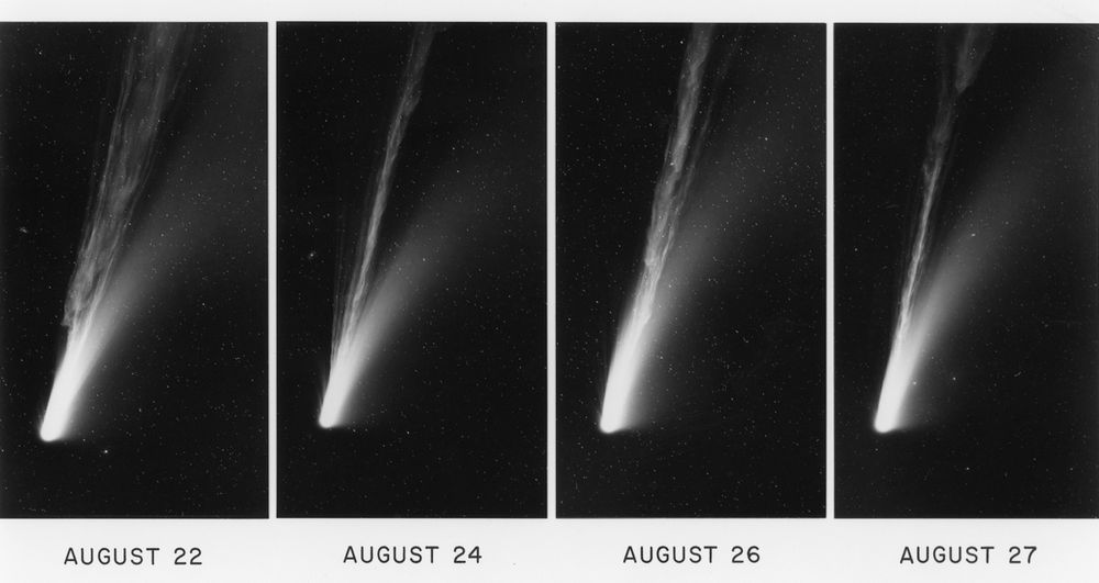 A series of photographs of Comet Mrkos taken on several nights in late August 1957 by Charles Kearns, George Abell, and Byron Hill with the 1.2-meter Schmidt telescope at Palomar Observatory in California. Changes in the structure of the ion tail are quite apparent. Courtesy Palomar Observatory. , https://www.rocketstem.org/2020/08/08/ice-and-stone-comet-of-week-33/ 