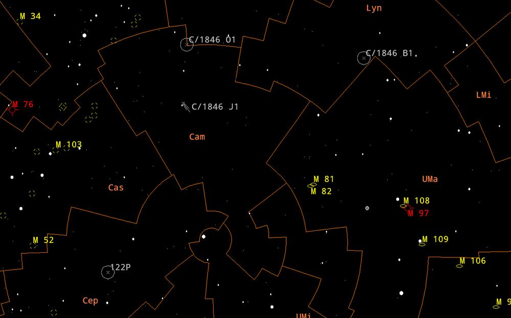 Position of comet C/1846 O1 (de Vico-Hind) in mid-May 1846, 2 months prior discovery. It should've been around 8.5 mag and was visible among three other comets in the same are aof the sky, but not detected. 
