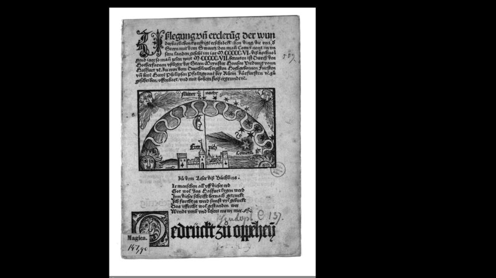 Woodcut of comet C/1506 O1 in "Ußlegung un[d] ercleru[n]g der wunderbarlichen kunftige[n] erschröe]clichen ding, die vns d[er] Stern mit dem Swantz: den man[n] Comet nent, in vnsern landen gesehe[n] im iar M.CCCCC.VI. ..." by Johann Virdung, Oppenheym, 1506, SLUB Dresden, oai:de:slub-dresden:db:id-456854452 