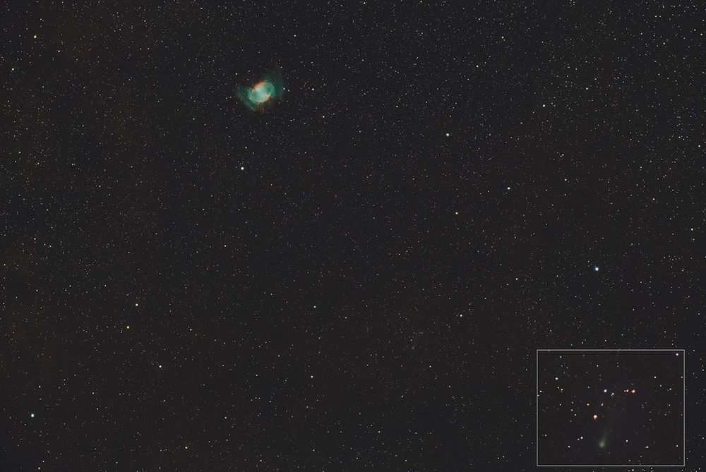A colourful nebula, Messier M27 and a small greenish comet with a short tail near it.