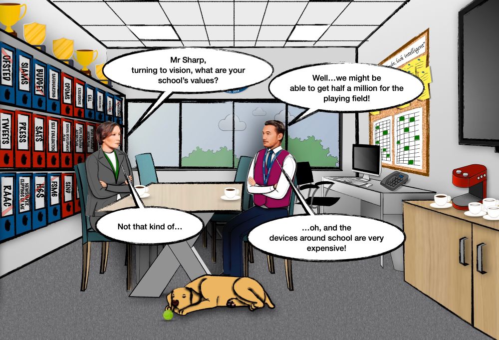 In a brightly lit office, two people are seated across a table having a conversation. A woman in a gray suit asks, “Mr Sharp, turning to vision, what are your school’s values?” The man, wearing a vest and tie, responds, “Well…we might be able to get half a million for the playing field…oh, and the devices around school are very expensive!” The woman continues, “Not that kind of…” The walls are adorned with shelves filled with colorful files labeled with words like “Ofsted,” “Budget,” and “SATS.” Trophies are displayed on top. A bulletin board with papers and a patterned chart is on the wall. A yellow dog plays with a green ball on the floor. A coffee maker and cups are on a side cabinet.