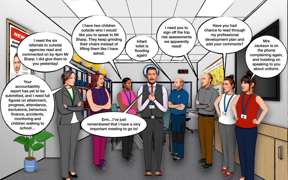 In a busy office hallway, diverse staff surround a stressed man in a suit. Above each person are speech bubbles with various requests and complaints directed at the man. Requests include reviewing referrals, addressing children’s behavior, dealing with a flooding toilet, signing off risk assessments, and reading a development plan. Someone mentions Mrs. Jackson complaining about uniforms. Another person needs an accountability report with data on various topics. A clock reads 15:36 behind them. The man in the suit appears overwhelmed, responding he has an important meeting to attend. The scene is vibrant, depicting a hectic work environment with people multitasking and tasked with numerous responsibilities. A pot plant and educational posters are visible, emphasizing an educational setting.