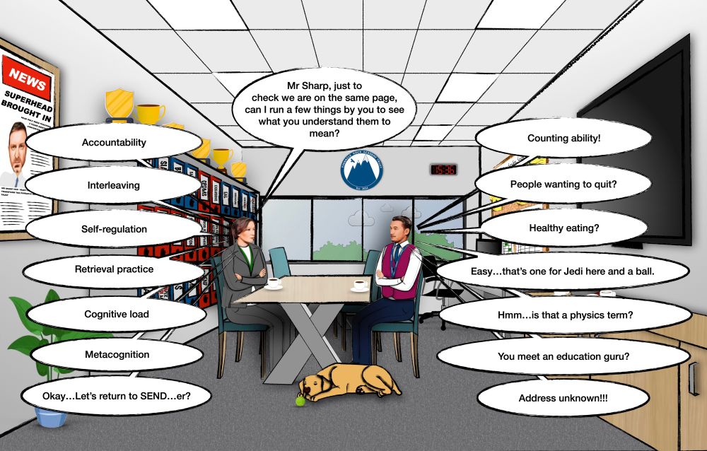 A cartoon scene in an office shows two people at a table with coffee cups. The room has filing shelves, trophies, a clock showing 15:36, windows, and a wall-mounted screen. A dog lies on the floor with a ball. A newspaper on the wall features a headline, “Superhead Brought In,” with a man’s photo.

Speech bubbles come from the characters:

Left character: “Mr Sharp, just to check we are on the same page, can I run a few things by you to see what you understand them to mean?”

Right character responds to terms:

	•	“Accountability”: “Counting ability!”
	•	“Interleaving”: “People wanting to quit?”
	•	“Self-regulation”: “Healthy eating?”
	•	“Retrieval practice”: “Easy…that’s one for Jedi here and a ball.”
	•	“Cognitive load”: “Hmm…is that a physics term?”
	•	“Metacognition”: “You meet an education guru?”
	•	“Okay…Let’s return to SEND…er?” with “Address unknown!!!”