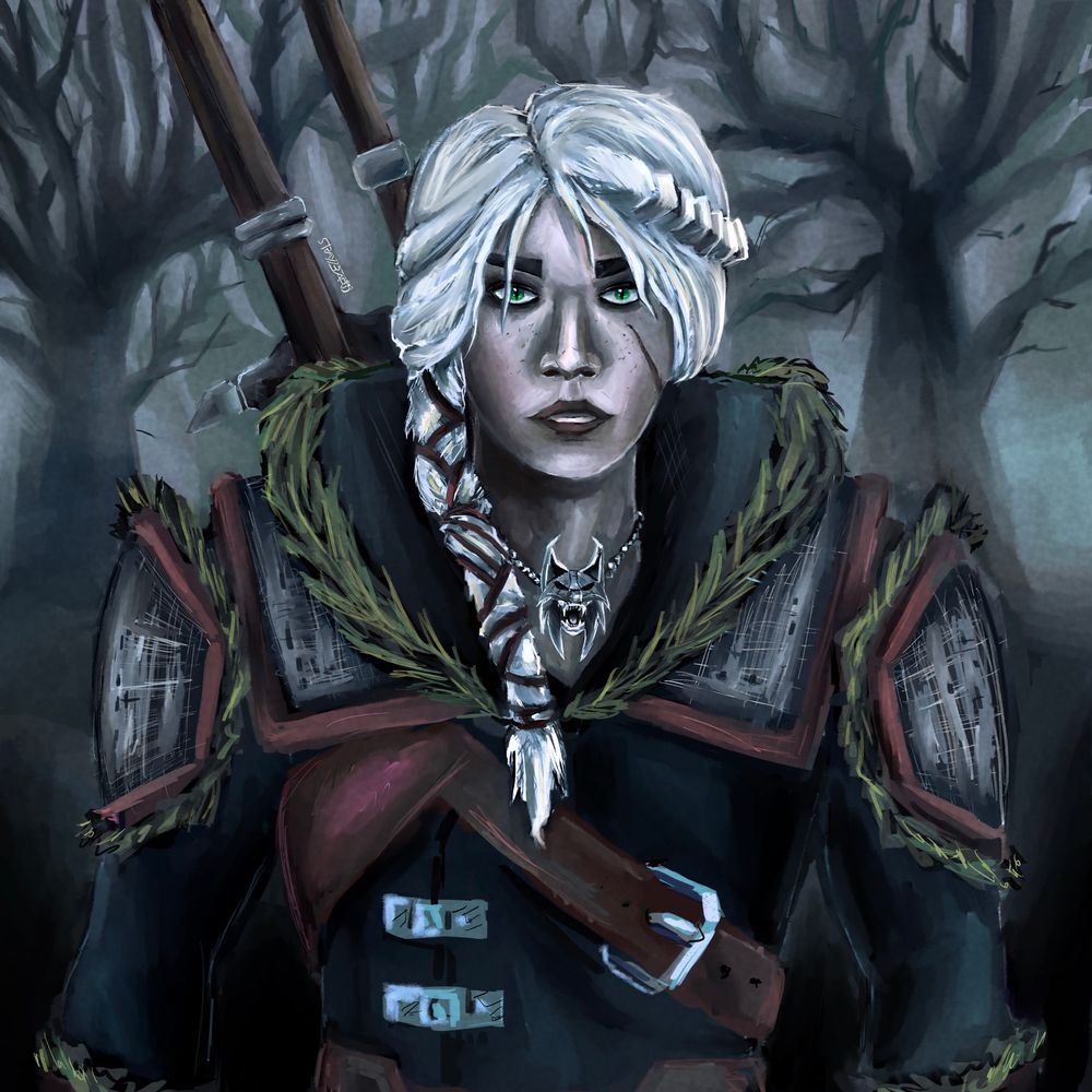 Ciri, a white-hired woman with green cat eyes and a scar on her cheek, dressed in Witcher armor with a lynx medallion and two swords in her back, looking at the viewer while there is a foggy creepy forest in the background.