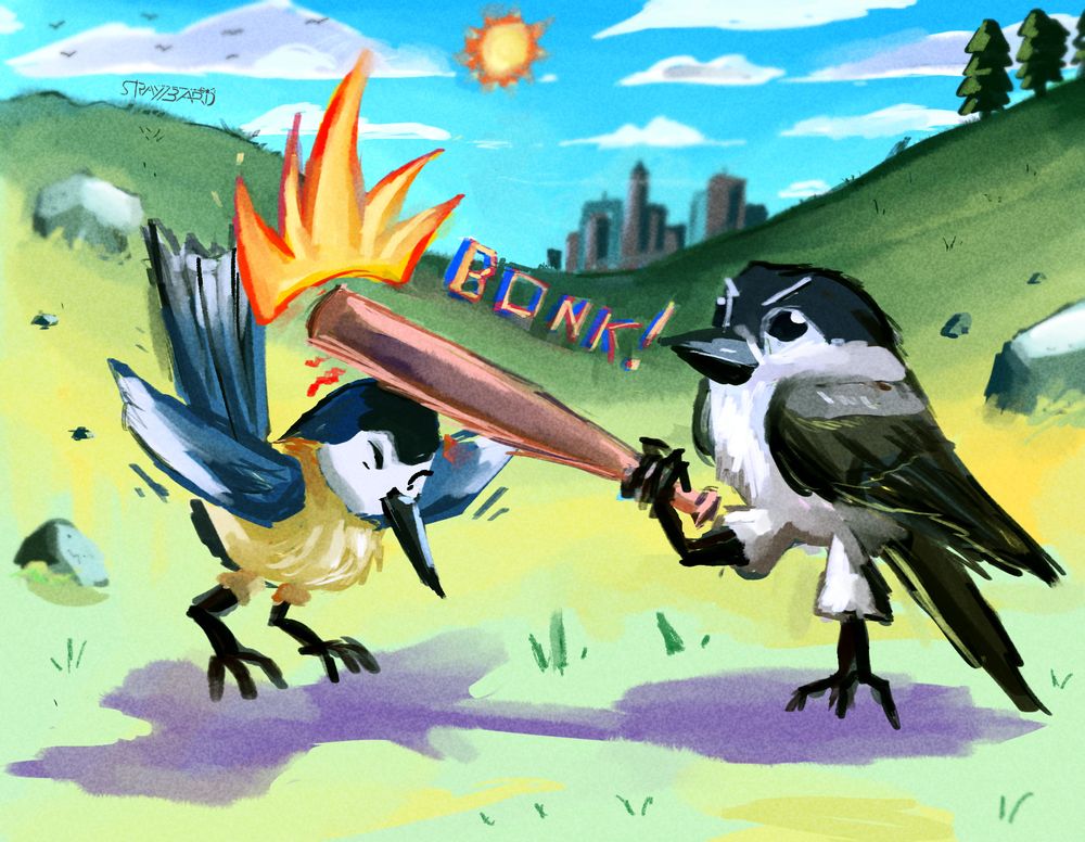 Two tit birds, one bonking another with a bat in a green hilly area with clouds sun, trees, rocks, and a city in he background,