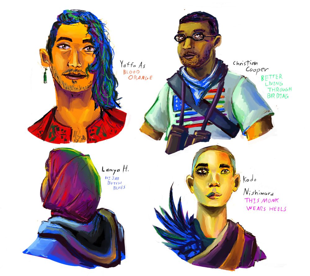 From left to right, top to bottom: Yaffa As author of Blood Orange, Christian Cooper, Author of Better Living Through Birding, Lamya H Author of Hijab Butch Blues, and Kodo Nishimura author of "This monk Wears Heels"  All four portraits use vibrant colors from the Pride Flag,