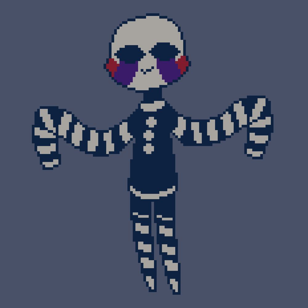A Marionette doll aka the Puppet with a simple face, small smile, and a very cozy outfit. She has very long sleeves and long socks.