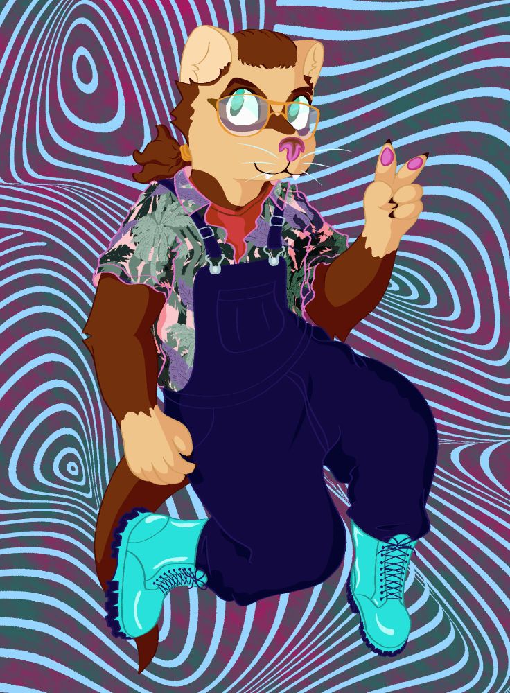 A digitial drawing of an anthropomorphic ferret. They are wearing dark blue dungarees over a floral shirt. They're also wearing shiny light blue boots.