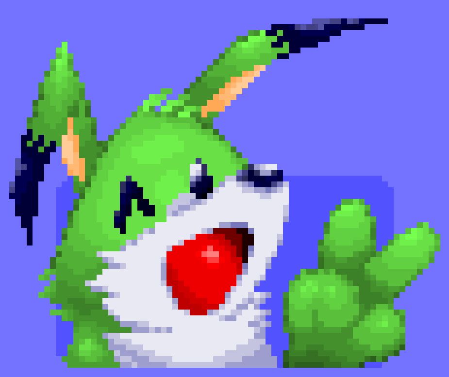 A pixel art drawing of a green Louie from Bomberman. They are winking towards the camera while doing the peace sign with their hand