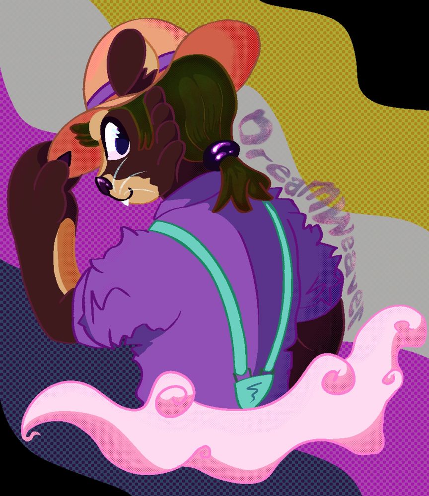 A digital drawing of Wren, anthropomorphic otter. They are drawn from the waist up with their body facing away from the viewer, their lower half cut off by smoke. Their head is facing to the left with their left eye looking at the viewer. 

Their choice of attire is a simple lavender shirt with the sleeve pulled up, contrasted by teal suspenders running down their back. To finish off the outfit is a straw sunhat with a purple band around the centre, Wren is tilting the hat forward with their left paw.

To the left of Wren is the text "Dreamweaver" which has been twisted and shaped to match the contours of Wren's body. In the background is a wavy Non-Binary flag.