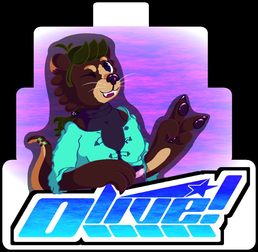 A digital waist up drawing of Wren posing above the name Olive. They are giving the peace symbol with their left paw while resting their right paw on the text. The text itself is in a blocky stylised font in a blue gradient.