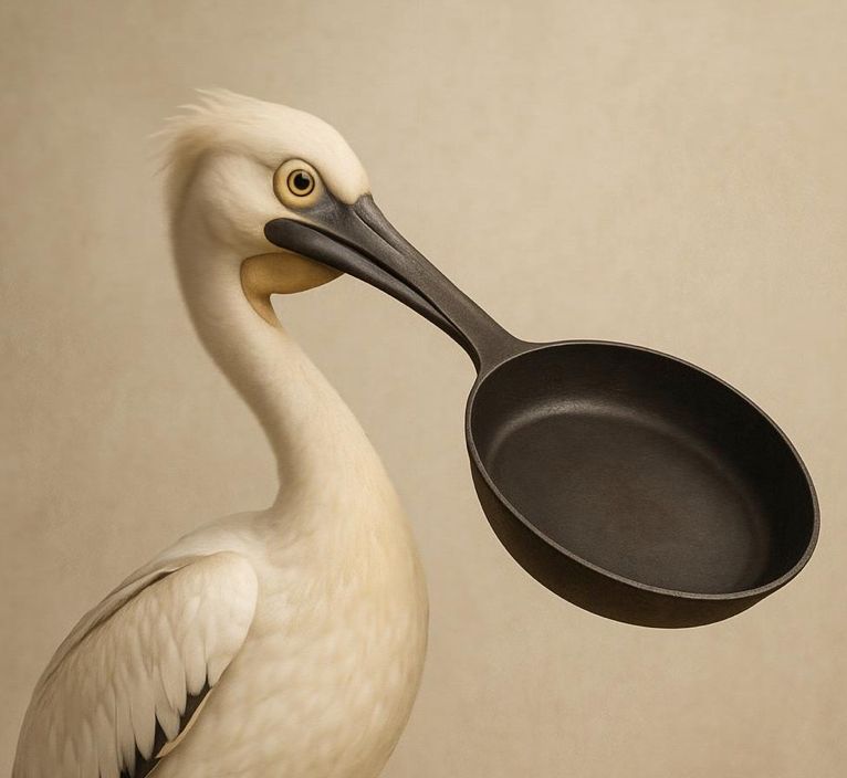 A pelican with a cast iron frying pan for a beak.