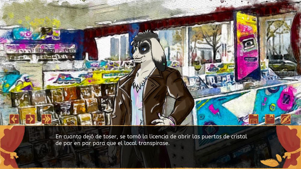 Screenshot from the beta, the main character is standing on a colorful video rental store