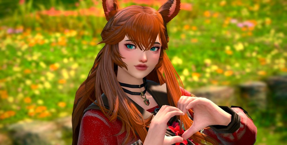 Image of an ffxiv version of maruzensky from umamusume: pretty derby. She has reddish brown hair, blue-green eyes, and is smiling while doing heart hands. 