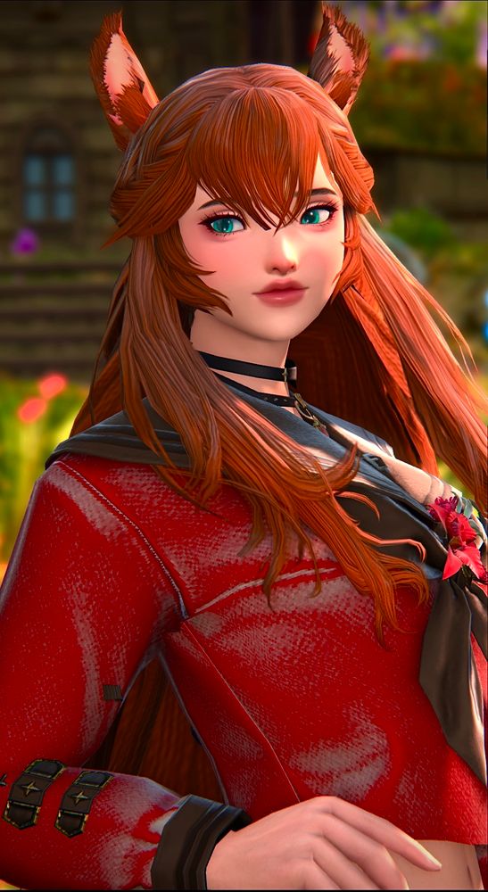 Portrait of an ffxiv version of maruzensky from umamusume: pretty derby. She has reddish brown hair, blue-green eyes, and is smiling softly. 