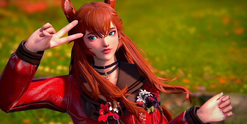 Image of an ffxiv version of maruzensky from umamusume: pretty derby. She has reddish brown hair, blue-green eyes, and is smiling while doing a peace sign. 