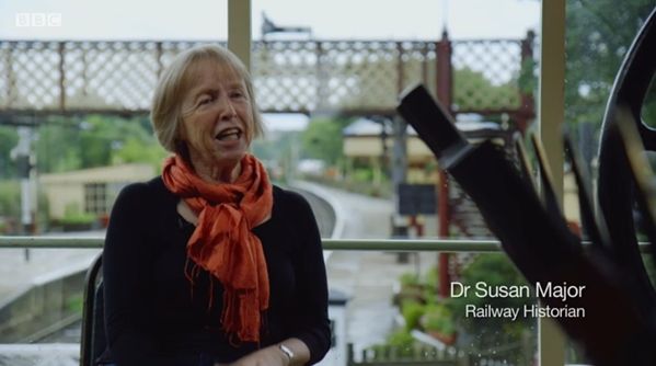 Susan Major in a signal box at Ramsbottom, on the East Lancashire Railway, talking about early excursion trains.