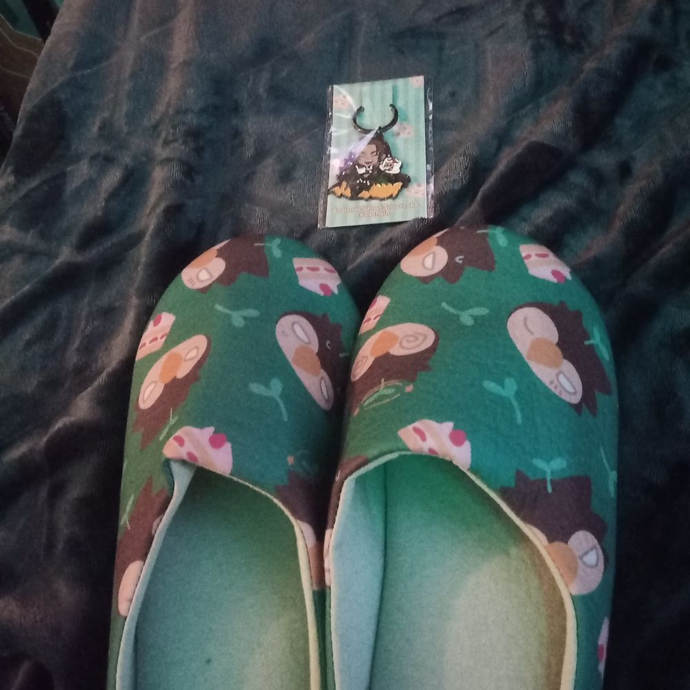 a pair of bubby slippers and a keychain of goldie in his 2nd outfit