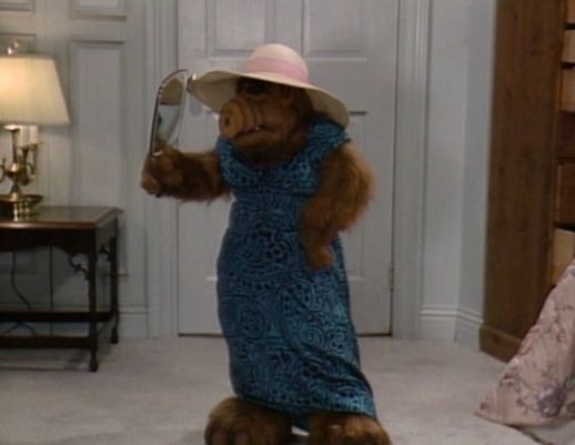 Alf the alien dressed in female dress
