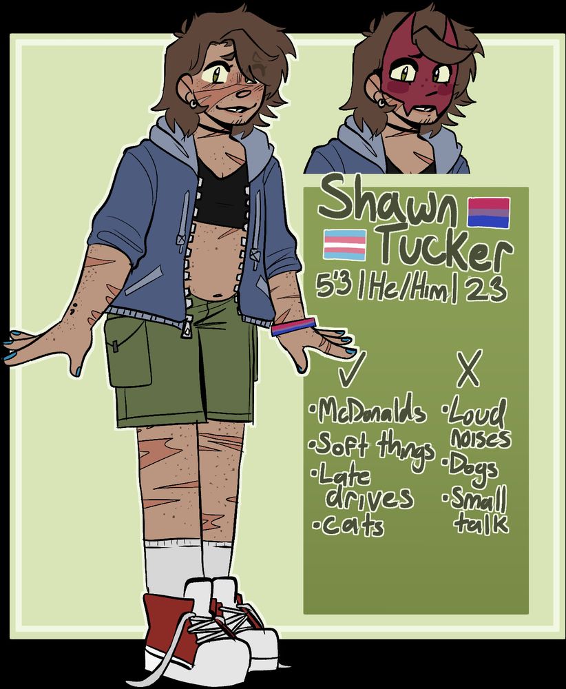 Slightly chubby character with brown hair, tan skin green eyes and many scars.  The text reads:
Shawn Tucker
5'3 | He/Him |23
Likes: Mcdonalds, Soft things, Late drives, Cats
DIslikes: Loud noisees, Dogs, Small talk