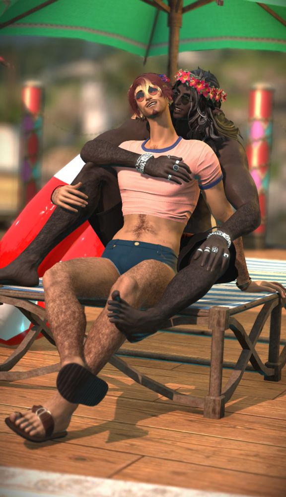 Kiv and Nick are cuddling on the sun deck of the Moonfire party boat. Nick wears swim shorts and a flower crown and Kiv is dressed in a very small t-shirt and shorts, also with a flower in his hair. The colors are so juicy I didn't even need a shader. Damn this game looks so nice these days.