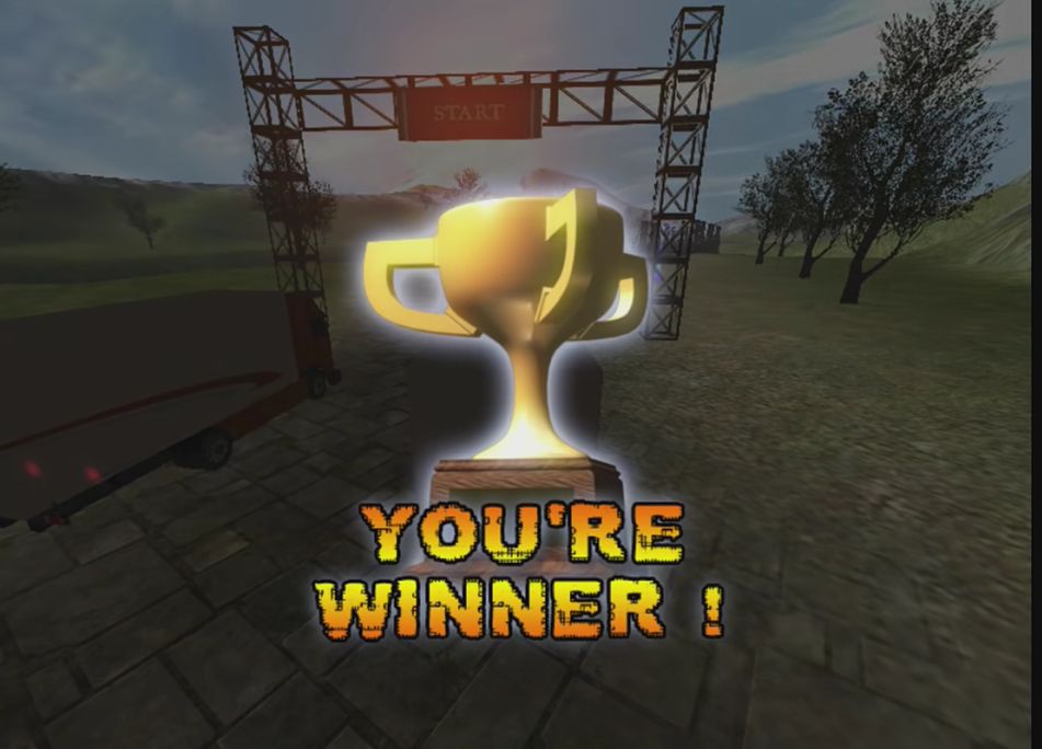The "YOU'RE WINNER ! " screen from the PC game Big Rigs Over the Road Racing