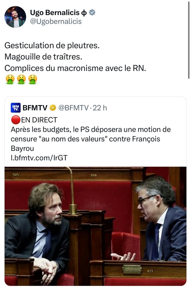 Tweet du député LFI Ugo Bernalicis qui commente la décision du PS en écrivant : « gesticulation de pleutres. Magouilles de traîtres. Complices du macronisme et du RN ». 