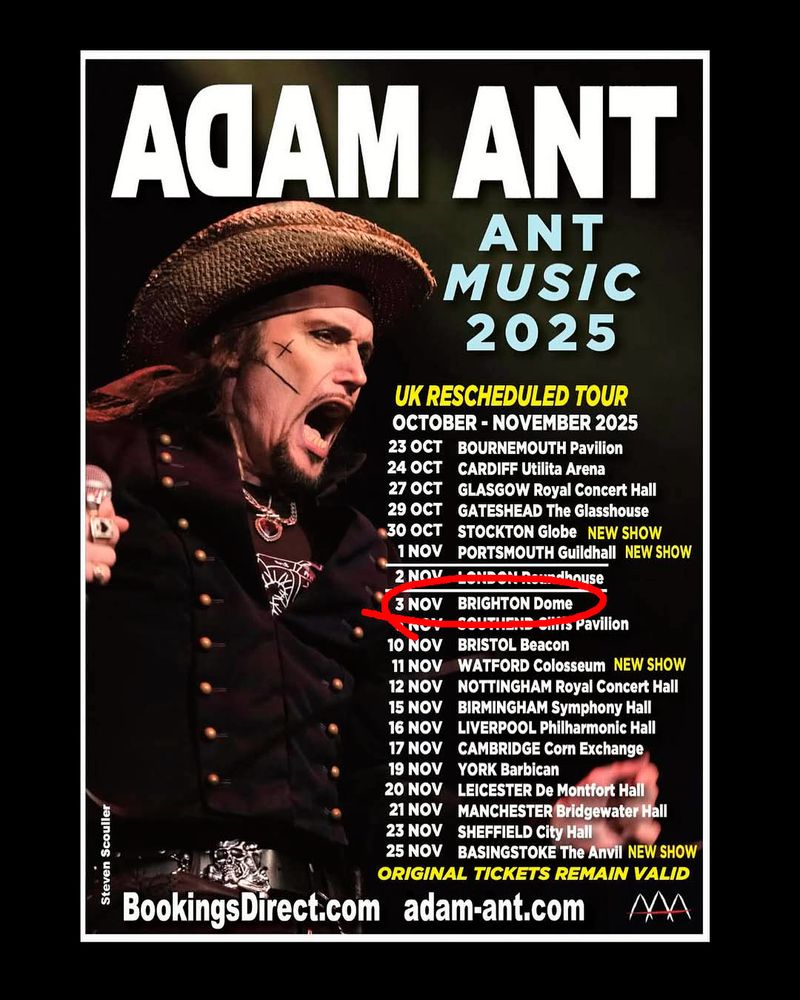 Adam Ant Tour poster with dates for 2025, 3rd November circled in red.