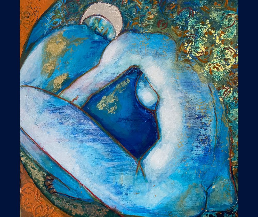 "Earth Hug," acrylic painting with metal leaf, by Julie Rowin. This is based on a pose from one of our recent Thursday online, long pose life drawing groups. 