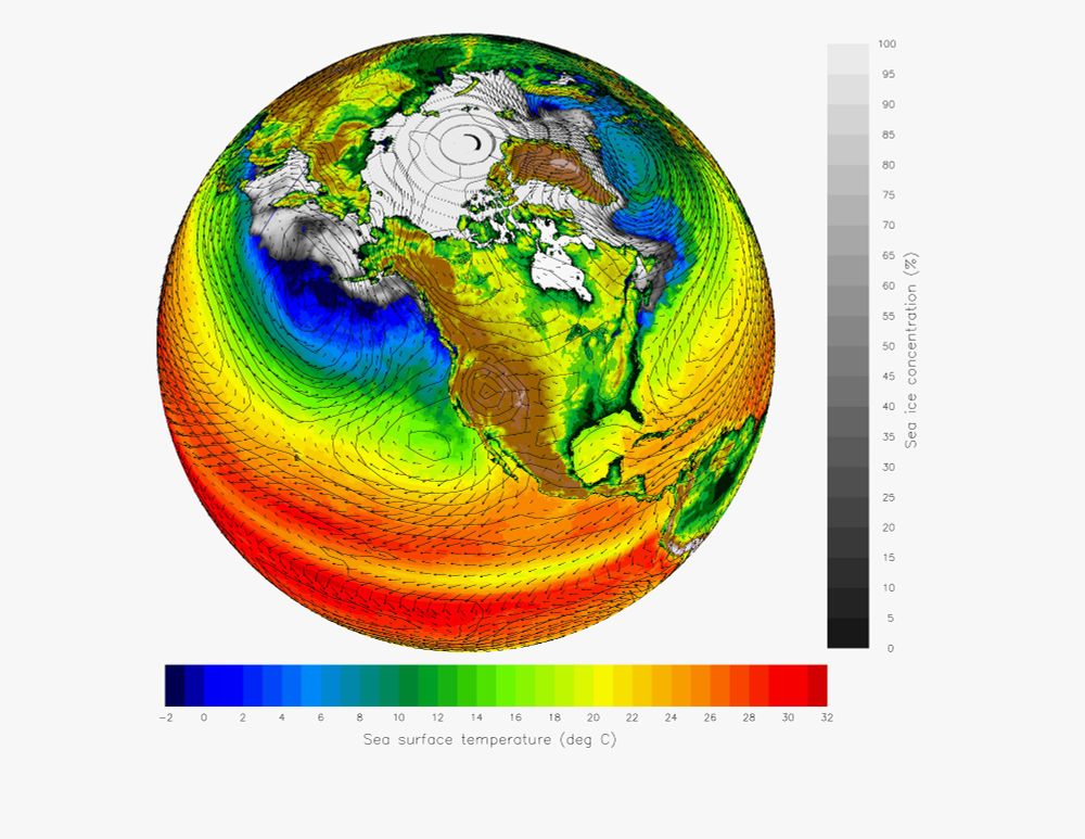 A stylized image of the Earth with North America at its center, overlaid with bright colors. Two scales alongside the image relate the colors to sea surface temperature (°C) and sea ice concentration (%). Source: https://www.nsf.gov/news/mmg/mmg_disp.jsp?med_id=61163