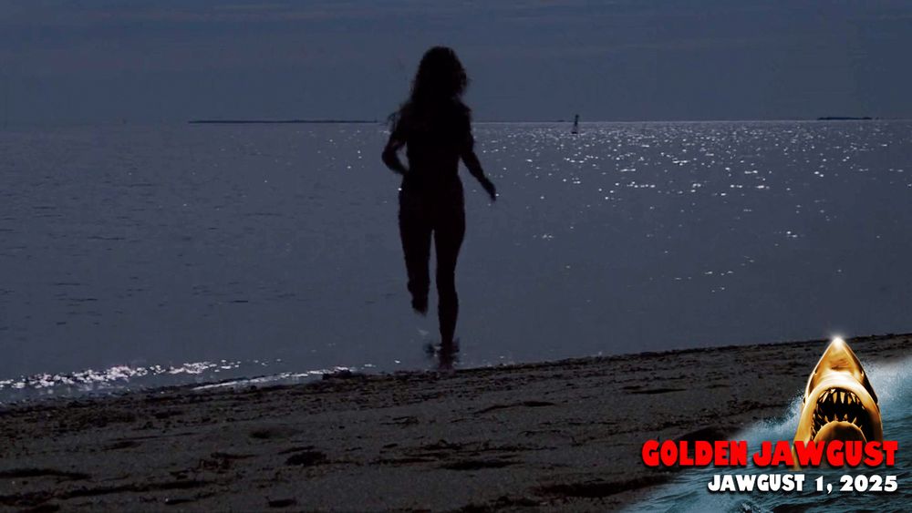 GOLDEN JAWGUST - Jawgust 1, 2025. An image of Chrissy Watkins running into the Ocean on Amity Island. Seems like she's ready for a fun swim...