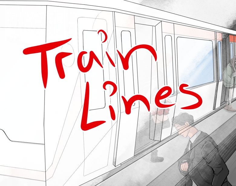 Linework of a train in a train station with a bit color 
Text says train Lines