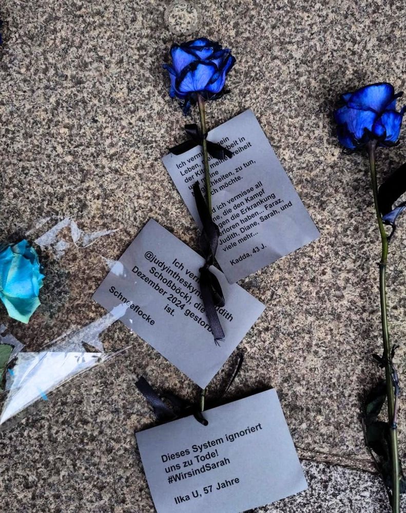 Auf dem Foto sieht man drei blaue Rosen. Auf der mittigen Rose sind drei graue, kleine Zettel mit Texten angebracht. Auf dem Ersten steht "Ich vermisse mein Leben, meine Arbeit in der Kita, meine Freiheit und meine Möglichkeiten, zu tun, was ich möchte. Und ich vermisse all jene, die den Kampf gegen die Erkrankung verloren haben... Faraz, Judith, Diane, Sarah, und viele mehr... - Kadda, 43 Jahre alt". Auf dem Zweiten steht "Ich vermisse @judyintheskynet (Judith Schoßböck), die im Dezember 2024 gestorben ist. - Schneeflocke". Auf dem Dritten steht "Dieses System ignoriert uns zu Tode! #WirsindSarah - Ilka U., 57 Jahre".