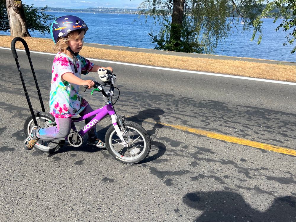 Toddler in tie dye on a purple Woom bike glides sans pedals at a fast clip along Lake Washington Blvd on a perfect summer day. 