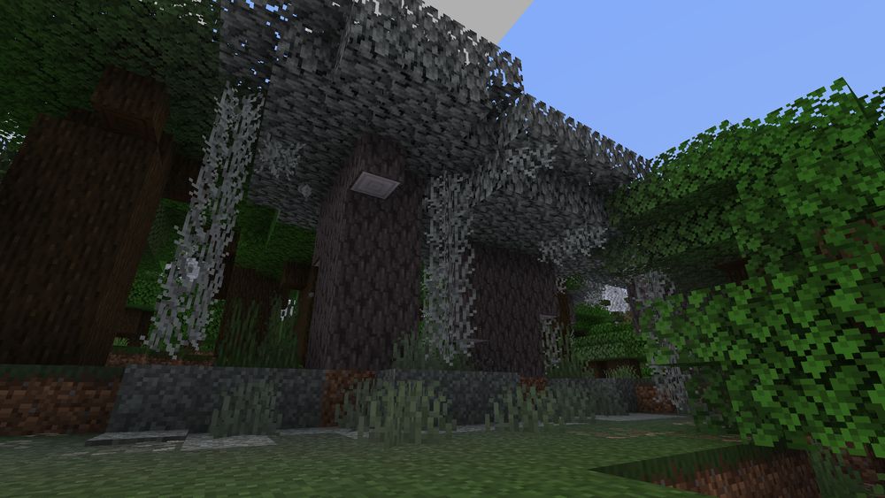 Minecraft dark forest, with just a few individual pale oak trees with the pale grass surroundingthem
