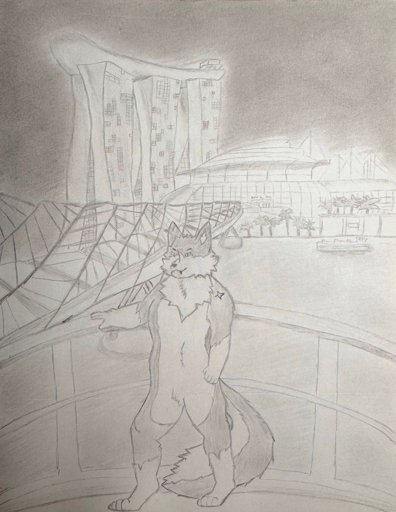 Drawing of a wolf posing at Marina Bay Sands.