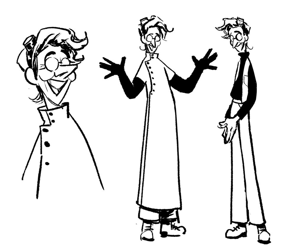 One bust and 2 full-length drawings of a long, lanky older woman with light, short hair, small round glasses what obscure her eyes, and goggles on top of her head. In the first 2 sketches she's wearing a full-length howie lab coat with big black rubber gloves that go past her elbows. In the third sketch, she wears a black turtleneck under a vest with pockets, loose-fitting pants and work boots.