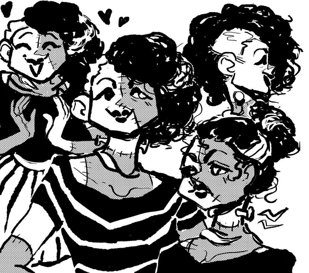 4 messy drawings of Roxanne the frankenstein's-esque monster from different angles and expressions.